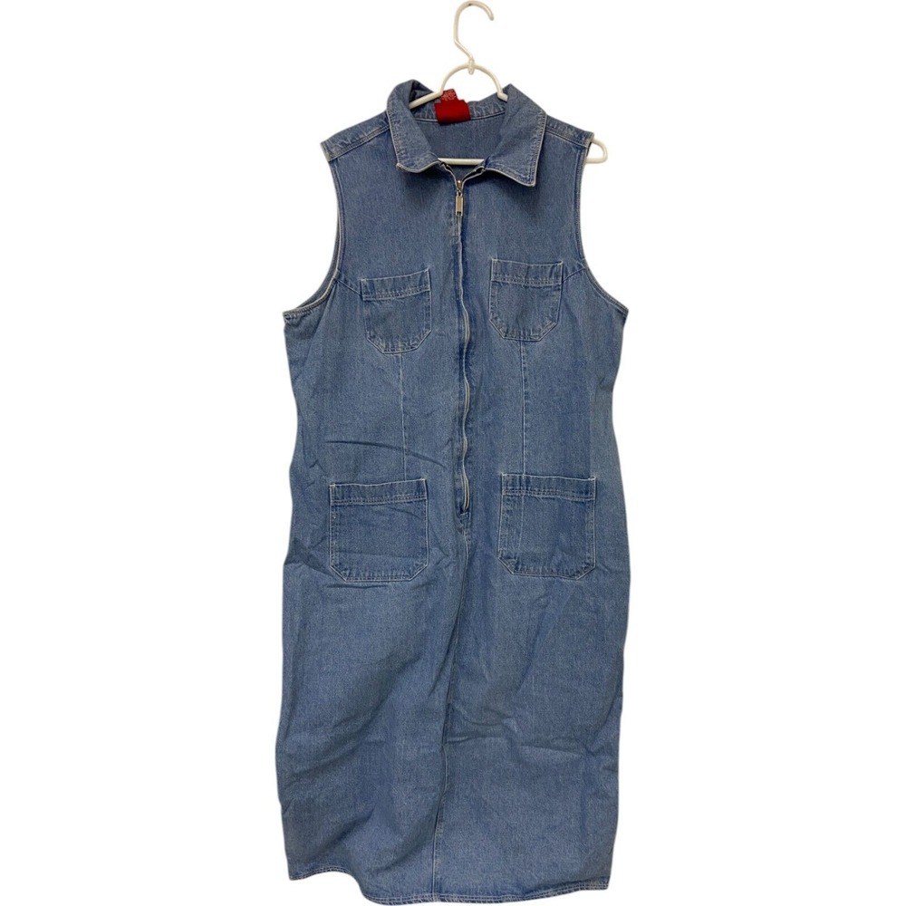 Venezia Jeans Blue Denim‎ Zip Front Shift Dress Womens Size 16 Sleeveless Casual